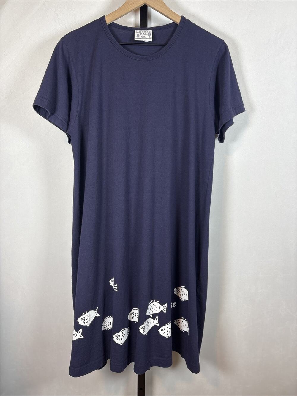 Michigan Rag Company Hand Printed Dress Womens One Size Blue Fish Cotton Coastal